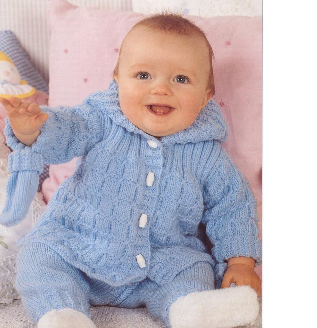 BABY KNITTING PATTERN Baby Jacket W/hood,trousers and Mitts to Fit 14