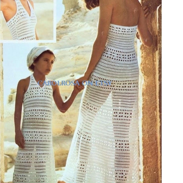 Crochet PATTERN - Halter Neck Dress Women's and Girl's Sizes - Vintage Retro Maxi Beach Tunic Cover Up