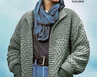 Vintage Knitting Pattern Super Chunky Bulky Jumbo Edge to Edge Jacket Cardigan Coat Wrap Sweater 32 - 44 Chest EASY Simple Knit Moss Stitch