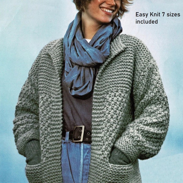 Vintage Knitting Pattern Super Chunky Bulky Jumbo Edge-Edge Jacket Cardigan Coat Wrap Sweater 32 -44 Chest EASY Simple Moss Stitch ENGLISH