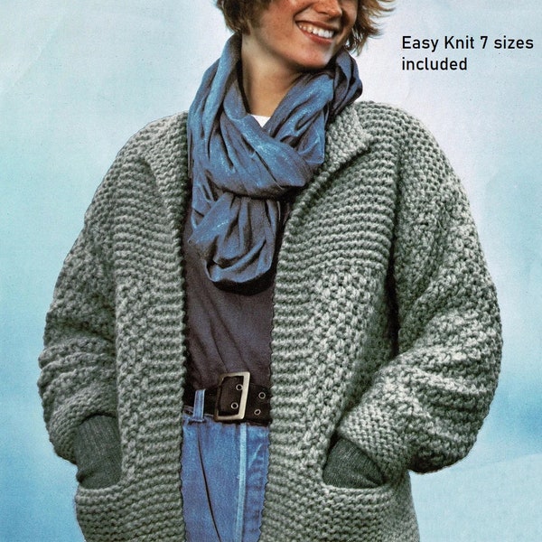 Vintage Knitting Pattern Super Chunky Bulky Jumbo Edge to Edge Jacket Cardigan Coat Wrap Sweater 32 - 44 Chest EASY Simple Knit Moss Stitch