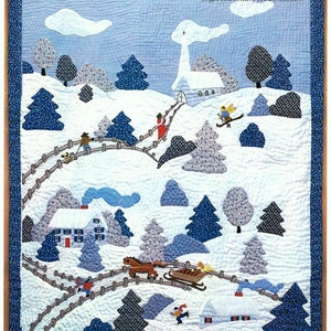 May include: A quilted wall hanging depicting a winter scene with a church, houses, trees, and people enjoying winter activities. The text "Country Christmas" is included in the image. The wall hanging is 95.25 cm by 119.38 cm.