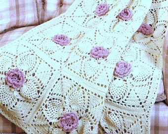 Vintage Crochet Pattern for Roses and Pineapples Afghan Throw Bedspread Blanket Pineapple Lace