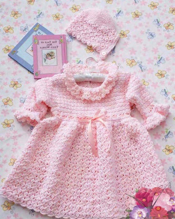 Vintage Row by Row Crochet Pattern to make a Baby Frilly Short Sleeve Dress & Bonnet for 3-18 Months Download Vintage Row by Row Crochet Pattern to make a Baby Frilly Short Sleeve Dress & Bonnet for 3-18 Months Download