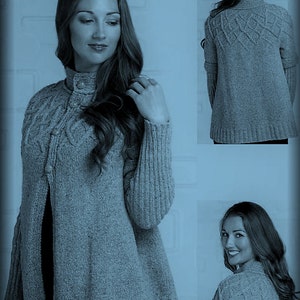 May include: A gray knitted cardigan with a cable knit pattern and a button closure. The cardigan has a long, flowing silhouette and a high neckline.
