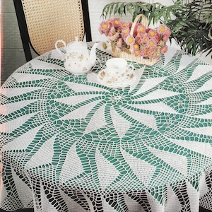 Instant PDF Digital Download Vintage Chart and Written Crochet Pattern Cotton Filet Lace Circular Tablecloth or Table Cover 125&quot; Diameter