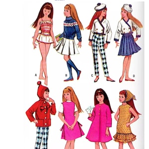 May include: Illustration of eight different outfits for 9-inch dolls. The outfits include dresses, sweaters, jackets, and pants in various colors and patterns. The text at the top reads "English Pattern fits 9inch tall dolls."