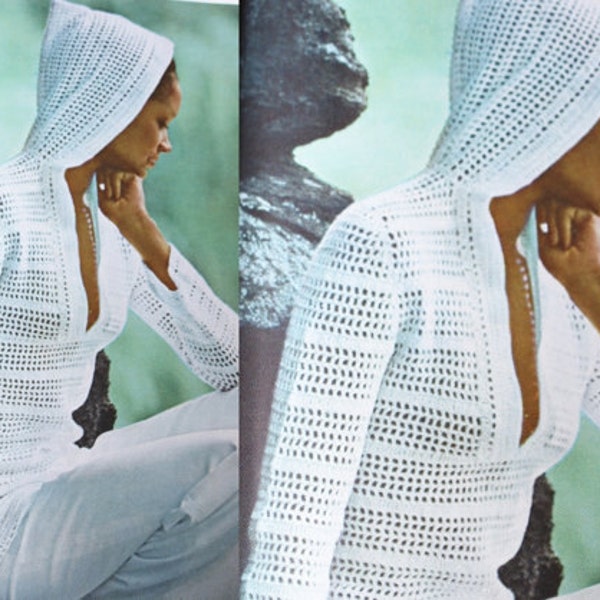 Crochet PATTERN - Vintage 1970s Hooded Tunic//Beach//Cover Up Filet Pullover Sweater S/M/L 31-38 in bust