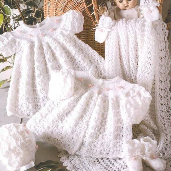 Baby KNITTING PATTERN Heirloom Christening, Blessing dress, matinee coat, bonnet, booties, mittens and shawl 3 ply ENG only