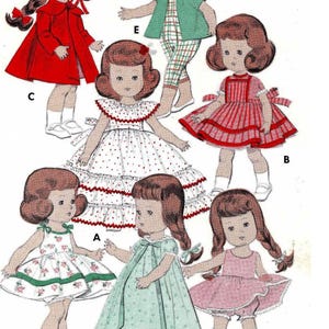 May include: A vintage illustration of a doll wearing different outfits. The doll is shown in a red hooded coat, a white polka-dot dress, a red striped dress, a green dress, and a pink dress with bloomers. The outfits are in a retro style.
