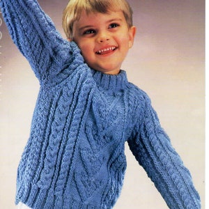 May include: A blue knitted sweater with a cable knit pattern. The sweater has a round neckline and long sleeves.