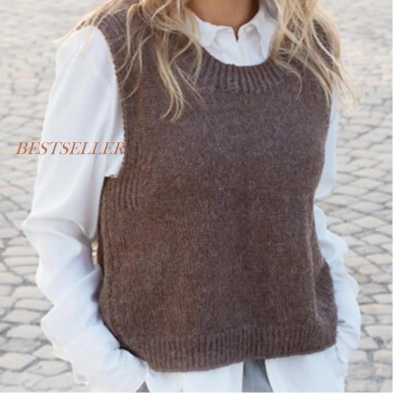 May include: A brown sleeveless knit sweater vest with a ribbed crew neckline and a ribbed hem, worn over a white long-sleeved collared shirt. The word BESTSELLER is printed in a light brown font on the left side of the brown knit sweater vest.