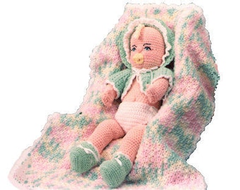 Vintage Crochet Pattern Baby Doll and pacifier, bonnet and blanket!! - download PDF