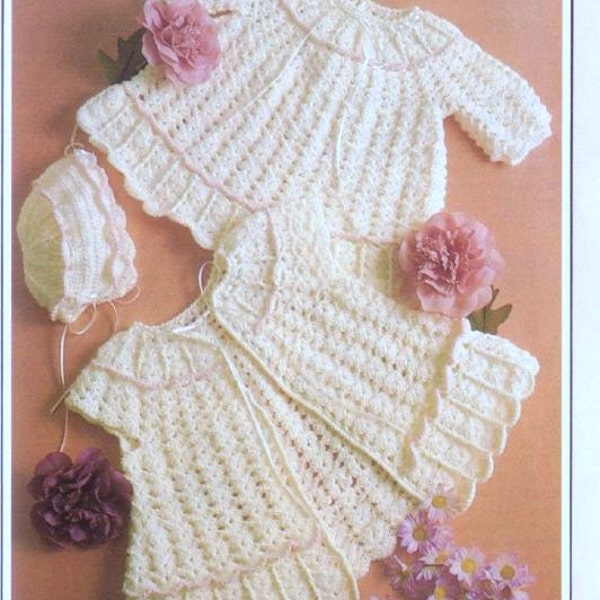 Crochet Pattern - Baby Dress and Sweater/Jacket and Bonnet Bebe - 3 to 12 months