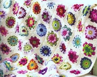 Crochet Pattern PDF Roses and Daisies Floral Granny Square Motif Throw Afghan Bedspread Cover Blanket ENGLISH only, No other language