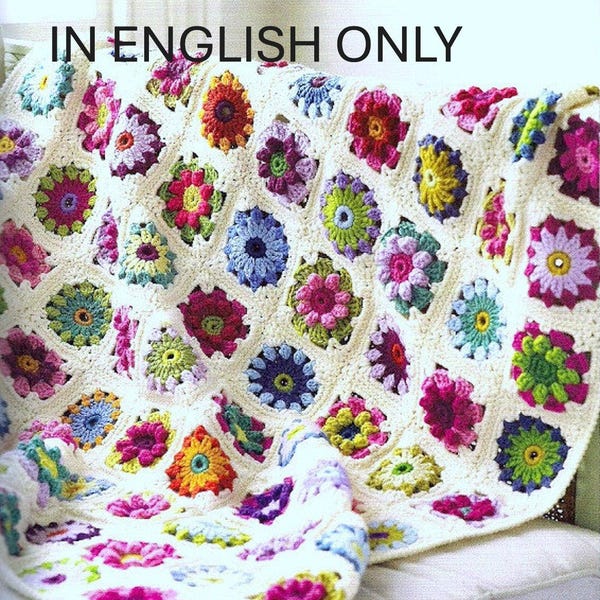 Crochet Pattern PDF Roses and Daisies Floral Granny Square Motif Throw Afghan Bedspread Cover Blanket ENGLISH only, No other language