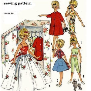 May include: A sewing pattern for making clothes for 12-inch dolls. The pattern includes a closet, a red coat, a white dress, a blue skirt, a green and white striped outfit, and a floral dress. The pattern is titled "Closet Full of Clothes for 12" Teen-age Dolls (includes the Closet)" and "sewing pattern".