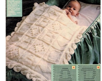 Baby Blanket ~ ABC & Diamond Motif Squares ~ Leaf Edge DK ~ Vintage Knitting Pattern download PDF