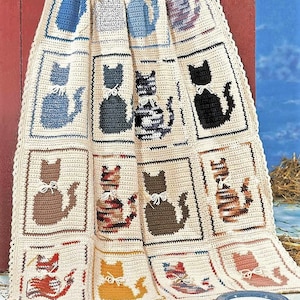 Cat Afghan Crochet PATTERN • Cat Pillow Pattern • Vintage Crochet • Meow Love Crochet Kitty • Cat Blanket • Watermarked PDF Only