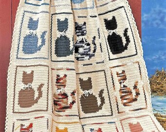 Cat Afghan Crochet PATTERN • Cat Pillow Pattern • Vintage Crochet • Meow Love Crochet Kitty • Cat Blanket • Watermarked PDF Only