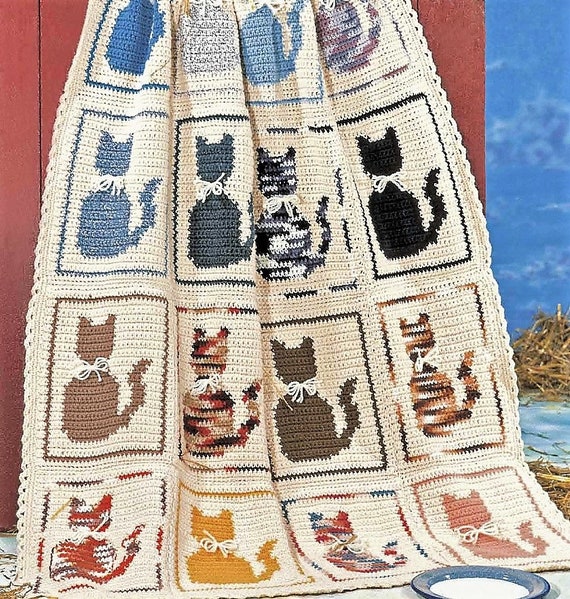 Cat Afghan Crochet PATTERN Cat Pillow Pattern Vintage Crochet Meow Love Crochet Kitty Cat Blanket Watermarked PDF Only Etsy