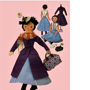 Puede incluir: Un patrón de costura vintage para una muñeca de peluche de Mary Poppins con tres opciones de atuendos diferentes. La muñeca lleva un abrigo morado, una falda azul y una bufanda blanca. Los atuendos incluyen un vestido azul con ribetes de encaje blanco, un vestido azul con ribetes de encaje blanco y un cuello blanco, y un abrigo morado con un cuello blanco.