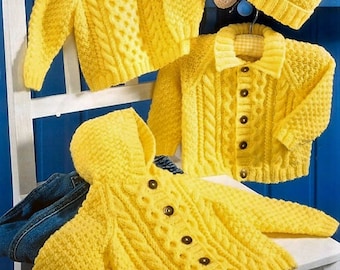 Baby Aran Hooded Jacket Collared Jacket & Sweater Pattern ENGLISH DK 8 ply for sizes 16 - 26 Inches