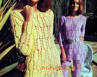 Crochet Pattern - Trouser/Pants suit and dress Vintage Retro - 34 and 36 inch bust PDF download