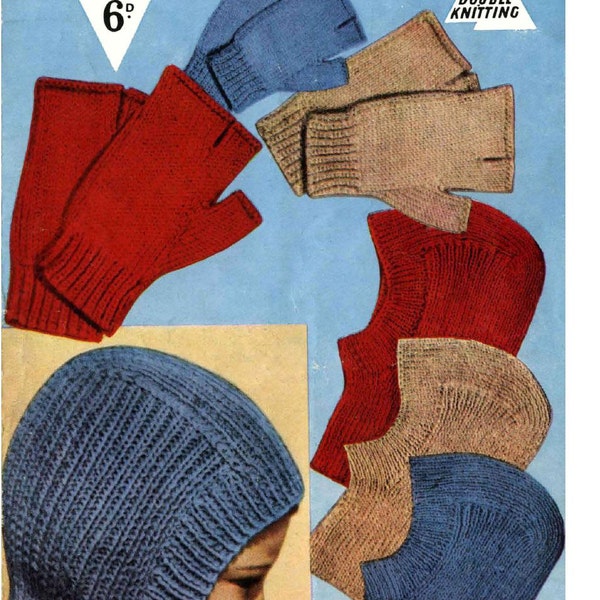 Vintage Knitting PATTERN - Helmets, Balaclavas, Mitts - 5 yrs to Adult sizes PDF download