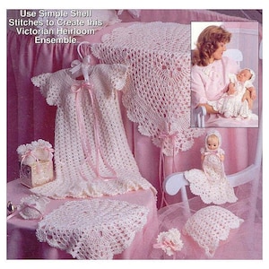 Baby Crochet Pattern - Layette Set, Blanket, Dress, Bonnet, Booties, Doll Dress,   PDF English language