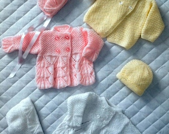 BABY KNITTING PATTERN - Baby Bebe - Prem sizes to 6 months Baby Jackets/Sweaters, Bonnets and Hat