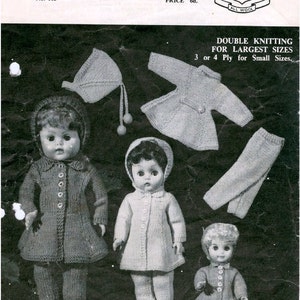May include: A vintage knitting pattern for a doll's coat, hat, and trousers. The pattern is for dolls 10 to 22 inches tall and uses double knitting for the largest sizes. The pattern is from Hall-Mark Knitting and is called "The Quality Wool".