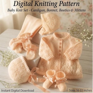 May include: A peach-coloured baby knit set, including a cardigan, bonnet, booties, and mittens. The set features a delicate openwork design and is adorned with satin bows. The image text reads "Digital Knitting Pattern" and "Sizes 40.6-55.9 cm."