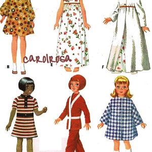 May include: A vintage sewing pattern for making doll clothes. The pattern includes six different outfits for dolls that are 16 to 21 inches tall. The outfits include a floral dress, a white nightgown, a striped dress, a red jumpsuit, a plaid dress, and a blue and white gingham dress.
