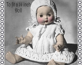 Download Knitting Pattern for 14 inch doll/Premature Baby PDF Dress, Matinee Coat, Bonnet and Panties
