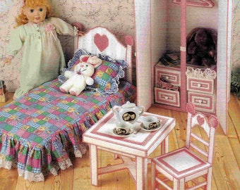 Plastic Canvas Doll Bedroom Furniture, Bed, Closet etc PDF download - for 18 inch dolls e.g. American Girl size and similar