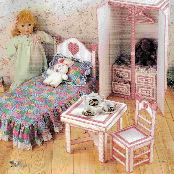 Plastic Canvas Doll Bedroom Furniture, Bed, Closet etc PDF download - for 18 inch dolls e.g. American Girl size and similar