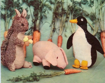 Vintage knitting pattern -  Pig, Penguin and Squirrel to Knit in 4 ply - Instant download PDF Toy patterns