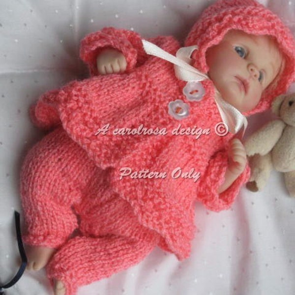 Doll KNITTING PATTERN 7-8 inch doll - Cutie in Coral Matinee Jacket, Leggings and Bonnet for 7-8 inch Clay Baby or OOAK Download English