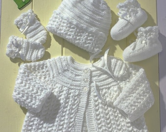 Baby Knitting Pattern PDF - Matinee coat/Jacket, Mitts, Bonnet and Booties Bebe Layette ENGLISH only