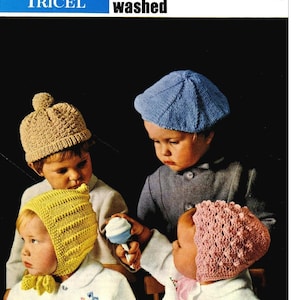 May include: Vintage advertisement featuring four children wearing knitted hats in various colors: tan, blue, yellow, and pink. The hats include a pom-pom beanie, a beret, a bonnet, and a textured cap. The text reads "BAIRNSWEAR TRICEL" and "it's better machine washed".