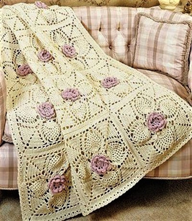 Vintage Crochet Pattern for Roses and Pineapples Afghan Throw Bedspread Blanket Pineapple Lace image 2