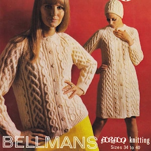 May include: A vintage knitting pattern featuring a white Aran sweater and matching hat. The pattern is from Bellmans and is for sizes 34 to 40.