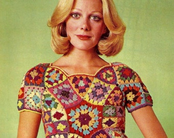 Instant PDF download Vintage Crochet Pattern - Granny Square Top/Shell/ Tunic Stained glass - Motifs 26 to 34 in Bust