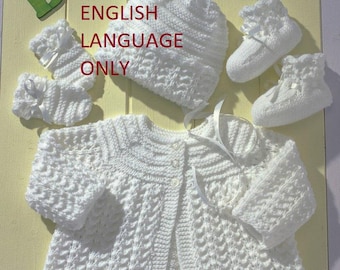 ENGLISH Baby Knitting Pattern PDF - Matinee coat/Jacket, Mitts, Bonnet and Booties Bebe Layette ENGLISH only