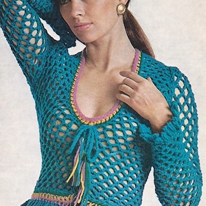 Download PDF - Retro 1970s Crochet Pattern - Laced up Sweater to fit 30.5 inch to 34 ins bust