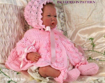 Knitting Pattern - ENGLISH download PDF - Matinee coat, Hat/Helmet, Mitts & Booties - 18-19 inch chest Pink Bonnet NOT included