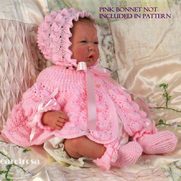 Knitting Pattern - ENGLISH download PDF - Matinee coat, Hat/Helmet, Mitts & Booties - 18-19 inch chest Pink Bonnet NOT included