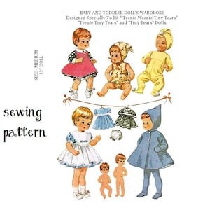 May include: A sewing pattern for a baby and toddler doll's wardrobe. The pattern is designed to fit "Teenie Weenie Tiny Tears", "Teenie Tiny Tears", and "Tiny Tears" dolls. The pattern includes a dress, a coat, a bonnet, and a pair of trousers.
