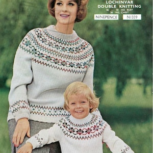 PDF Vintage Knitting Pattern - Mother and Daughter Sweaters Fair Isle - 36 to 38 in and 28 chest